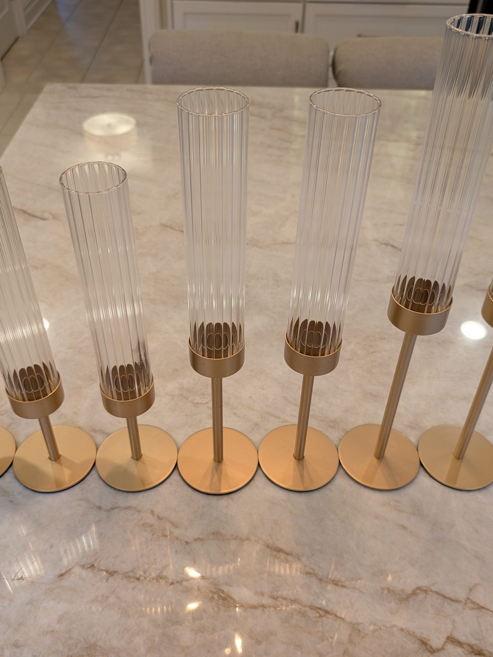 7 Ct. Gold Glass Ribbed Candle Holders - Set of Modern Dining Pillar Stands